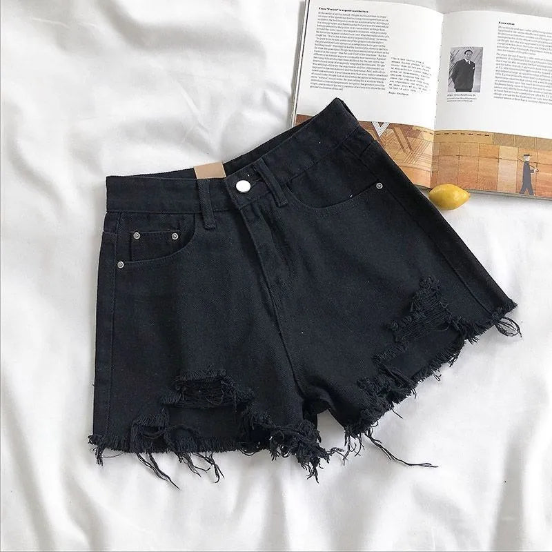 Korean Denim Shorts Women Summer Fashion Casual High Waist Ripped Jeans Pocket Tassel Y2K Hot Pants Streetwear Blue Trousers Lizbert