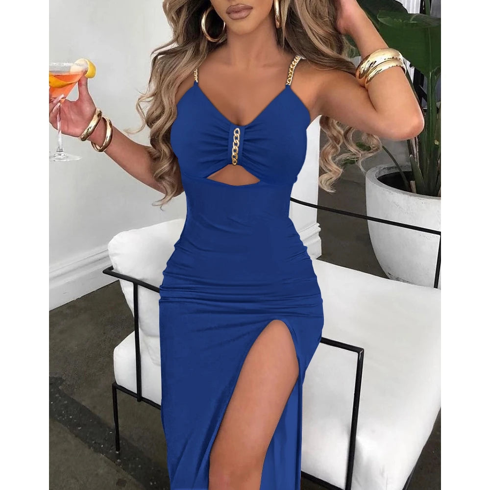 Summer Women V-Neck Chain Decor Cutout High Slit Dress Fashion Femme Bodycon Sleeveless Maxi Party Dress Outfits Robe - Lizbert