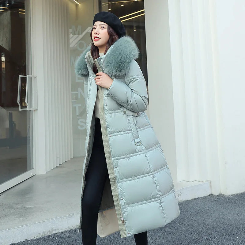 Winter 2025 New Women's Clothing Thickened Long Style Over the Knee Big Fur Collar Hooded Cotton Jacket Down Cotton Jacket Cot Lizbert