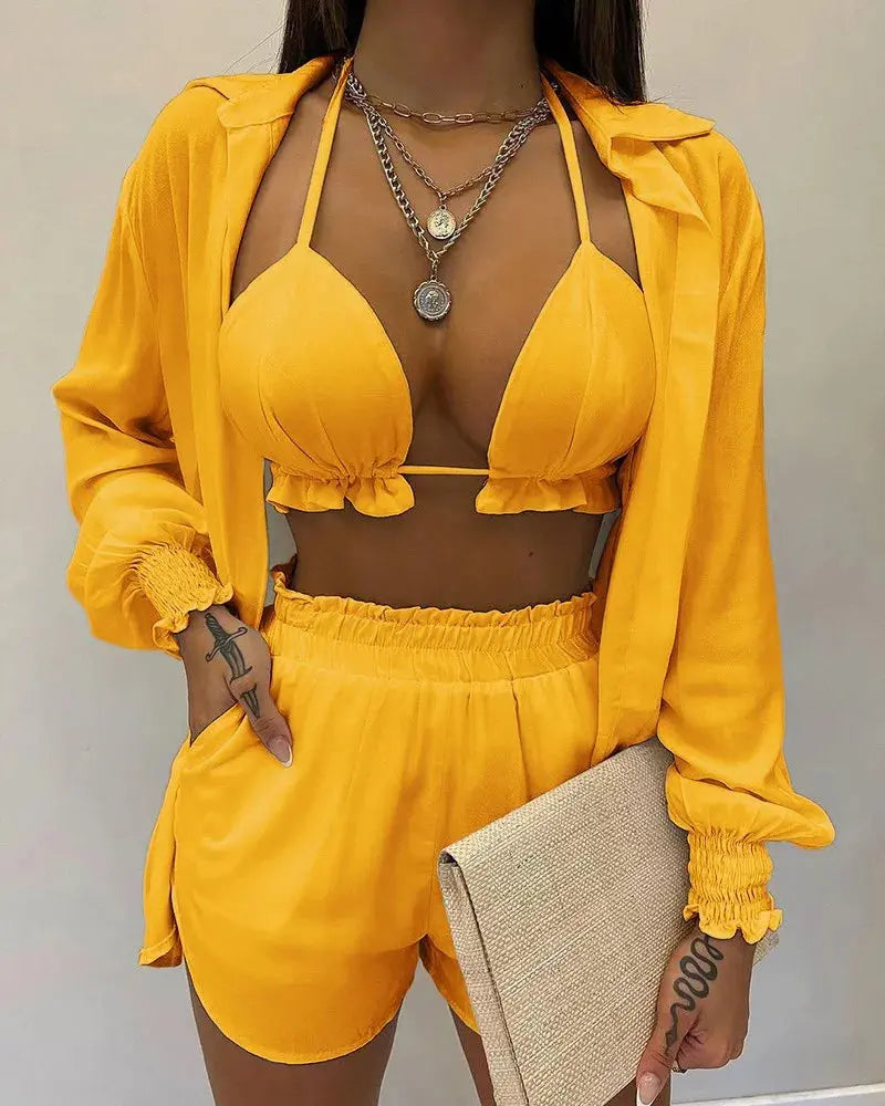 2024 New Bathing Suit Shorts Cover Up Summer Three Pieces Swimwear Sexy Beachwear High Waist Bikini Set Print Women's Swimsuit Lizbert