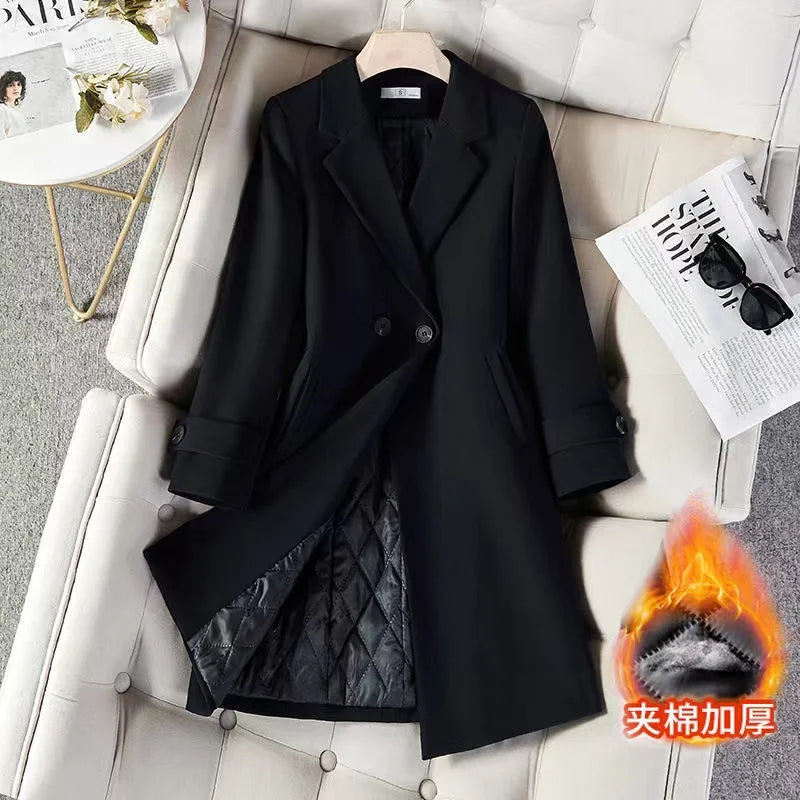 Ladies Long Blazer High Quality Autumn Winter Women Black Red Navy Blue Thicke Blazers Female Casual Jacket Coat Windbreakers Lizbert