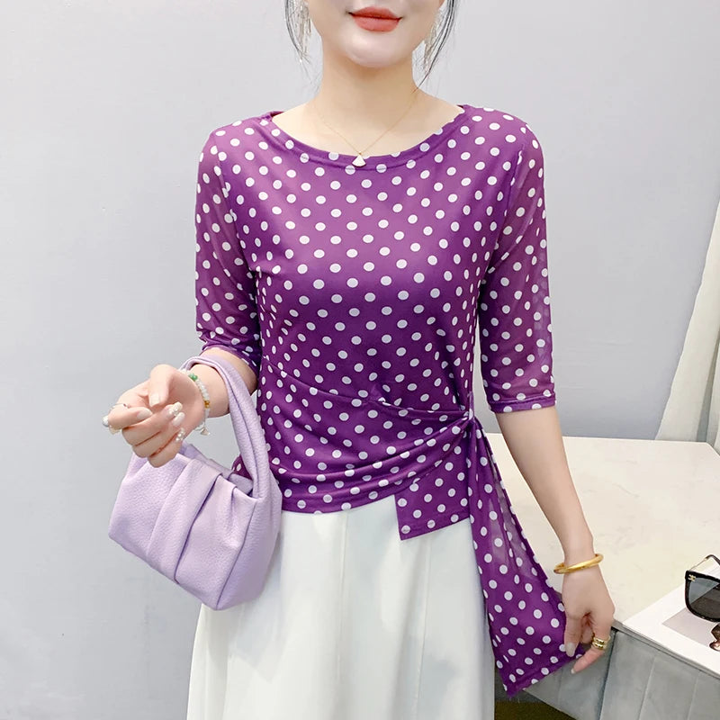 Summer Half Sleeve T-shirts Women Print Polka Dots Mesh Tops Girl Irregular Sweet Tshirt Lizbert