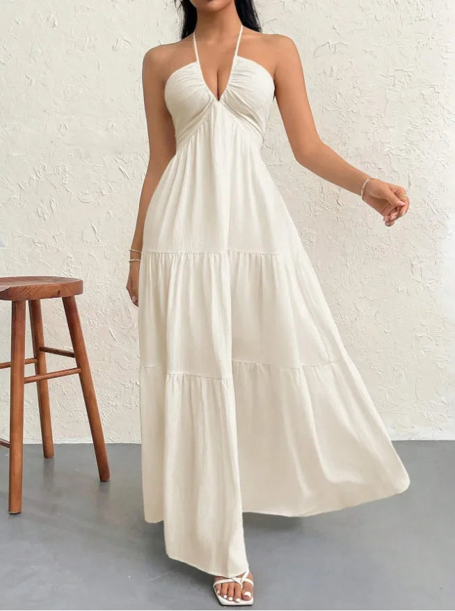 Sexy Deep V Neck Dress Lady Elegant Solid Halter Sleeveless Backless Loose Dresses For Women Fashion Beach Holiday Skirt Clothes - Lizbert