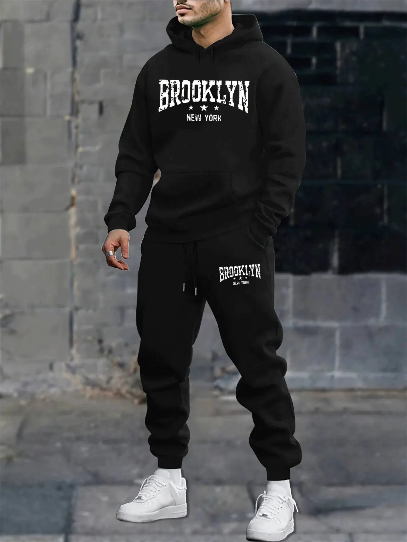 men's sweatshirt  autumn and winter casual fashion warm Brooklyn New York letter printed loose plush thick hooded sweatshirt+sweatpants set Lizbert