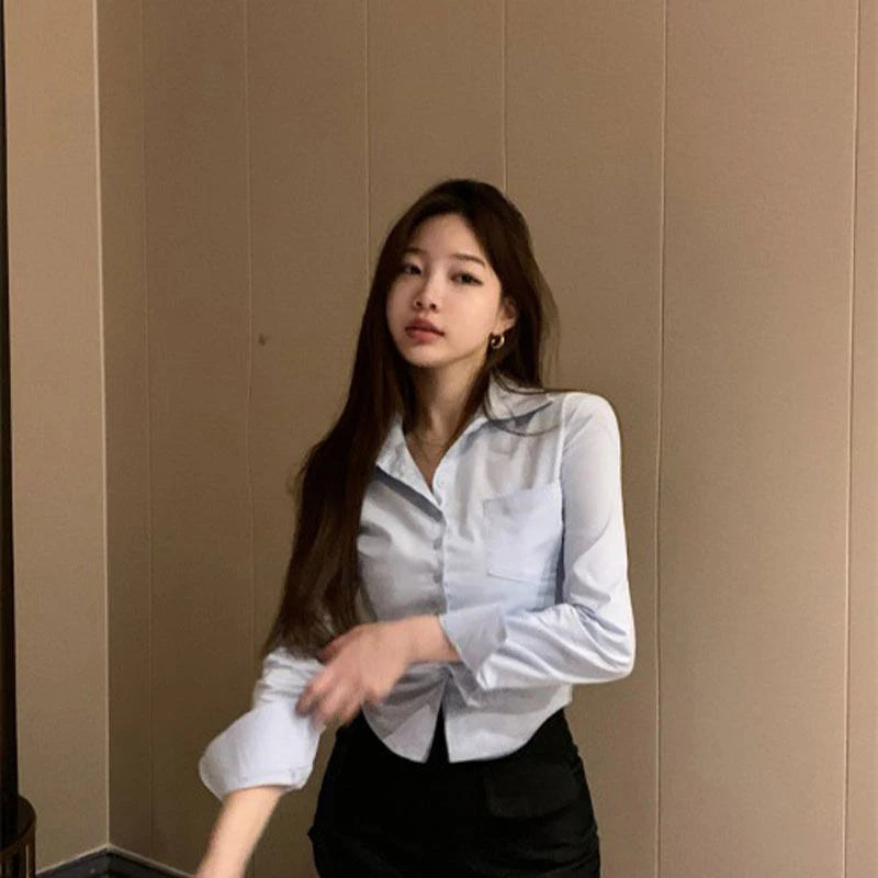 White Korean Sweet Shirt Y2K Slim Preppy Style Chiffon Female Long Sleeve Blouse Summer Fashion Office Casual Ladies Crop Tops Lizbert