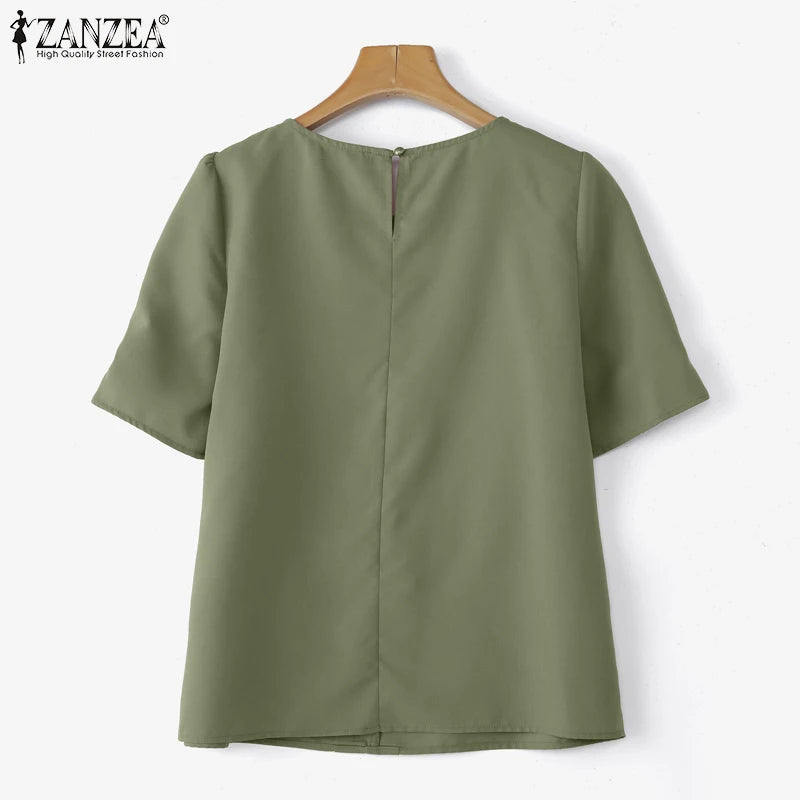 ZANZEA Korean Women Fashion Blouse Summer Short Sleeve Tunic Tops Casual Pleated Solid Color Shirts O-Neck Loose Blusas Feminina Lizbert