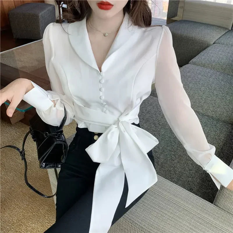 Womens Crop Tops 2024 Blusas Mujer De Moda V-neck Bandage Bow Slim Waist Chiffon Blouses Korean Elegant White Shirt Lizbert