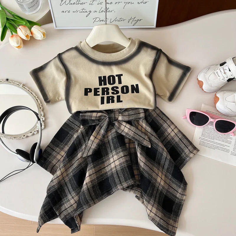Summer Children's Clothing Girls Outfit Set Fashion Letter Print Short Sleeved T-Shirt+Irregular Plaid Skirt Toddler Clothes