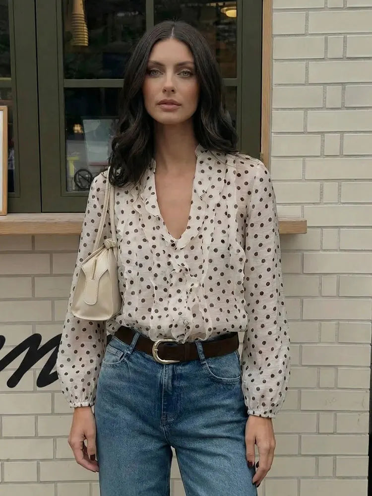 HH 2026 Spring Summer Trend Women Polka Dot Ruffled V Neck Blouse Long Sleeve Buttons Shirts Elegant Lady Chic Thin Shirt Tops Lizbert