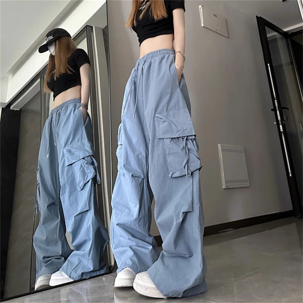 Plus Size Women Cargo Pants High Waist Solid Fashion Street Pant Vintage Drawstring Pocket Trousers Loose Casual Joggers Clothes - Lizbert
