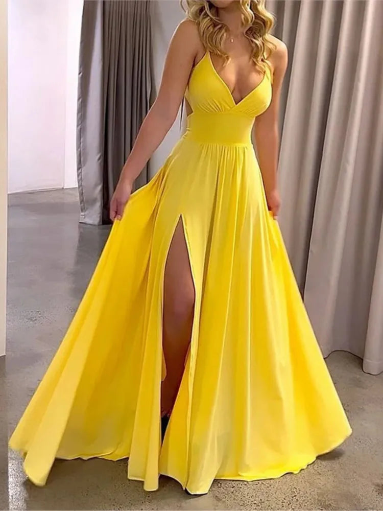 Women Sexy Spaghetti Strap V Neck Dresses Hollow Out Sleeveless Side Split Evening Dress Elegant Solid High Waist Pleat Vestidos - Lizbert