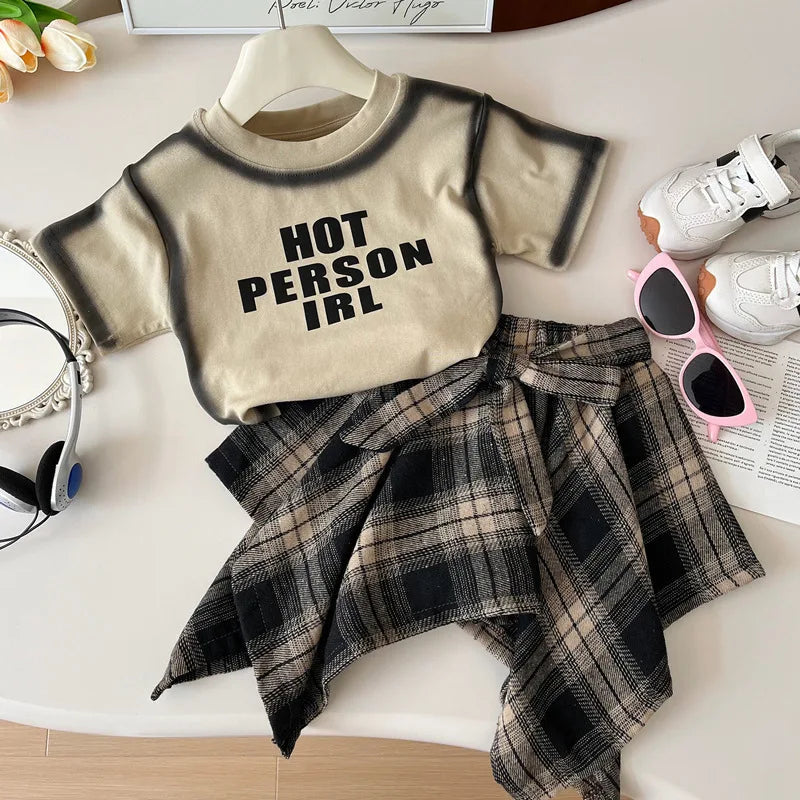 Summer Children's Clothing Girls Outfit Set Fashion Letter Print Short Sleeved T-Shirt+Irregular Plaid Skirt Toddler Clothes
