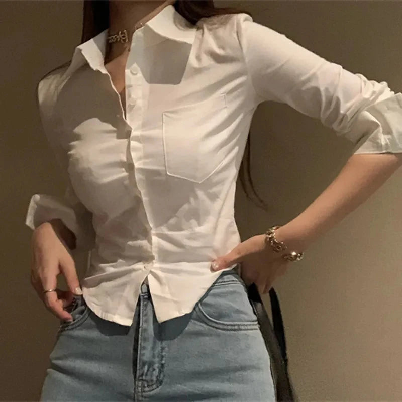 White Korean Sweet Shirt Y2K Slim Preppy Style Chiffon Female Long Sleeve Blouse Summer Fashion Office Casual Ladies Crop Tops Lizbert