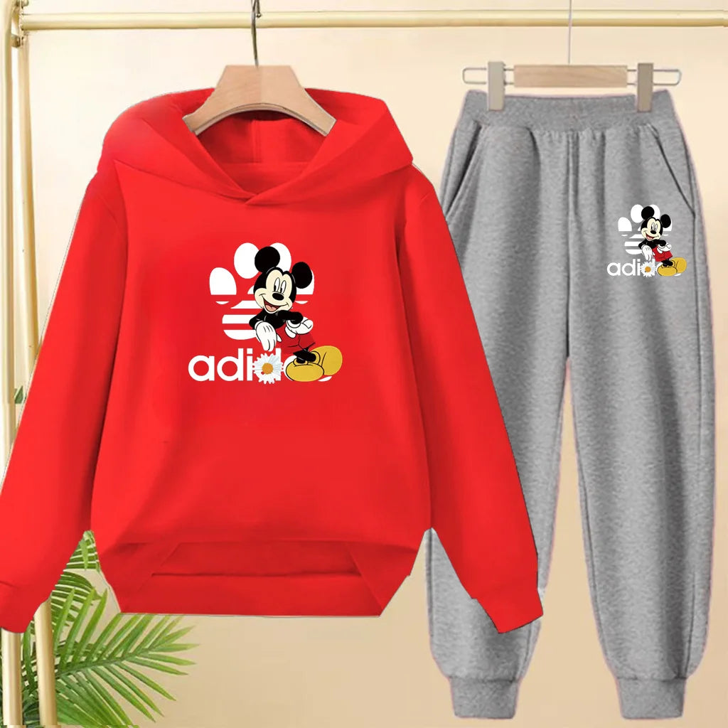 Children's Black Hoodie Anime Mickey Print Pullover 3-12Yrs Coat Sweatshirt+Pants Boys Girls Toddler Sports Clothing Leisure Set
