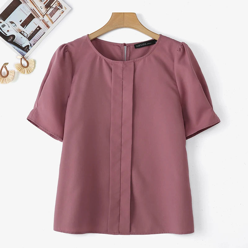 ZANZEA Korean Women Fashion Blouse Summer Short Sleeve Tunic Tops Casual Pleated Solid Color Shirts O-Neck Loose Blusas Feminina Lizbert