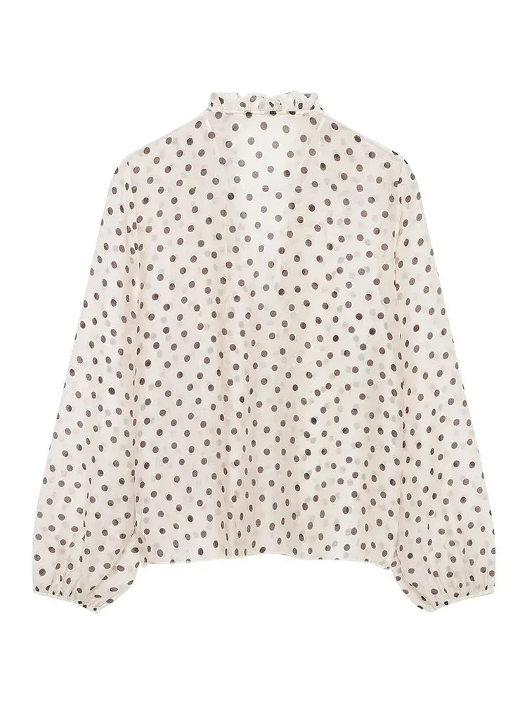 HH 2026 Spring Summer Trend Women Polka Dot Ruffled V Neck Blouse Long Sleeve Buttons Shirts Elegant Lady Chic Thin Shirt Tops Lizbert