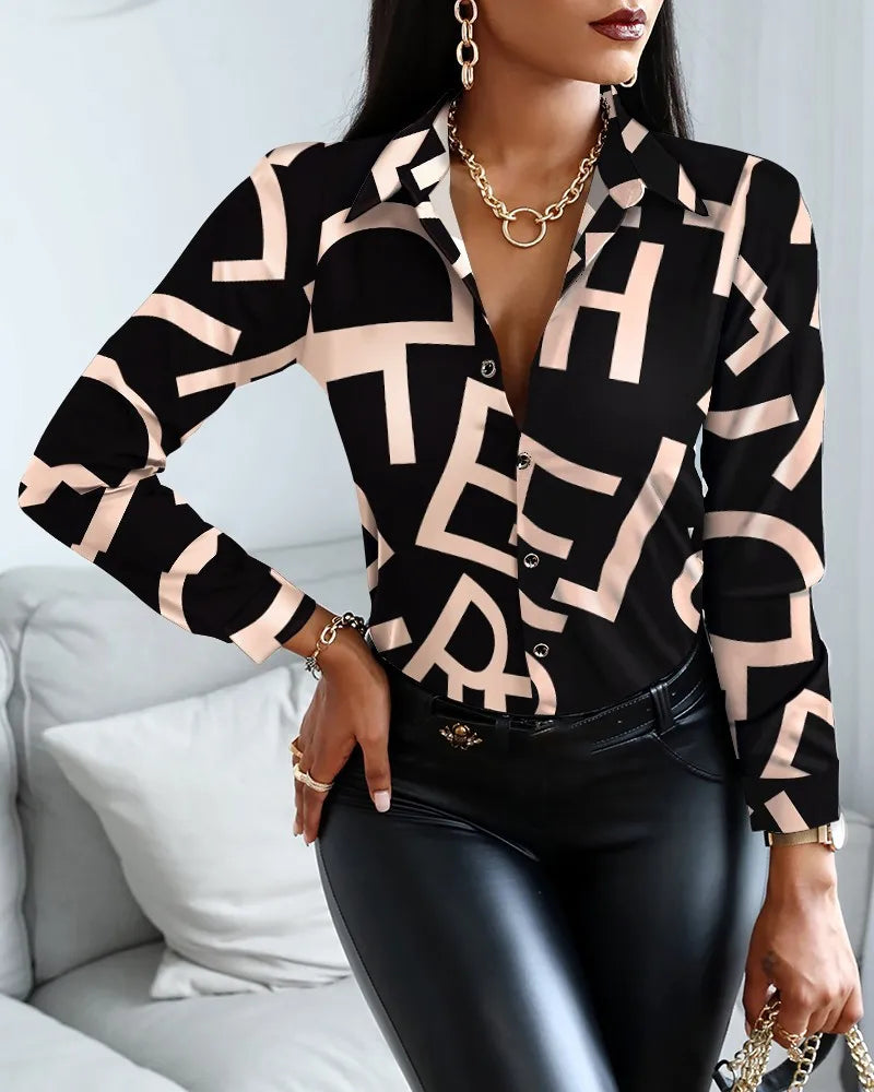 Elegant Women's Fashion Blouse 2023 Spring/Summer Digital Print Shirt Commuter Slim Fit Office Female Tops Lizbert