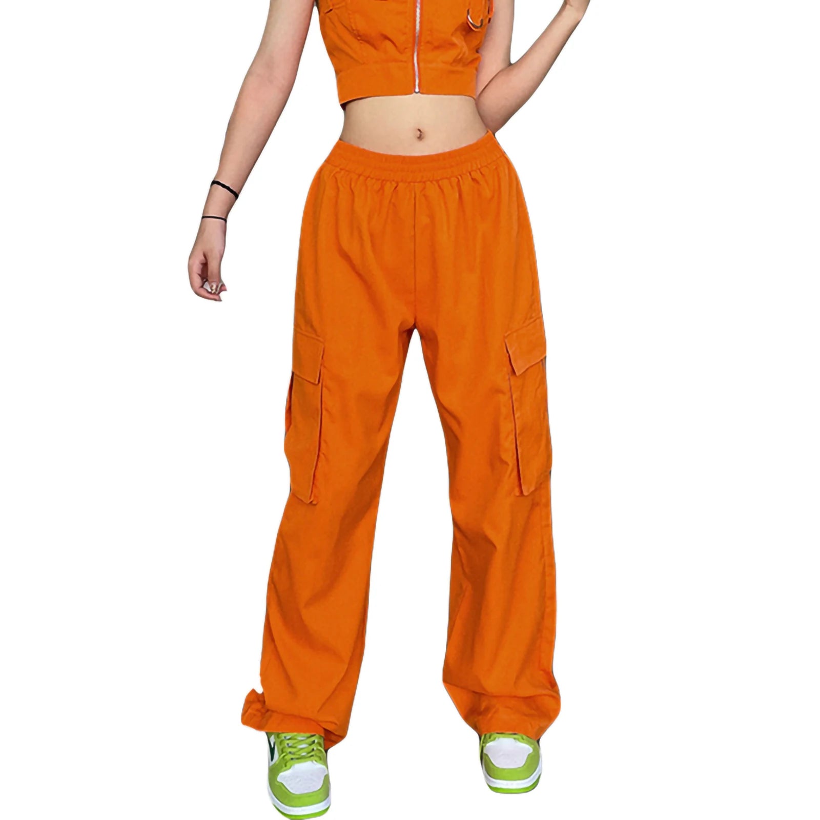 New Women's Casual Pants, Elastic Waist Solid Color Straight Leg Pocketed Loose Cargo Trousers - Lizbert