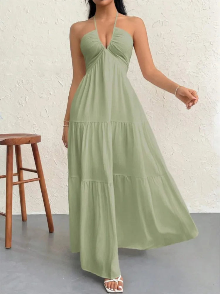 Sexy Deep V Neck Dress Lady Elegant Solid Halter Sleeveless Backless Loose Dresses For Women Fashion Beach Holiday Skirt Clothes - Lizbert
