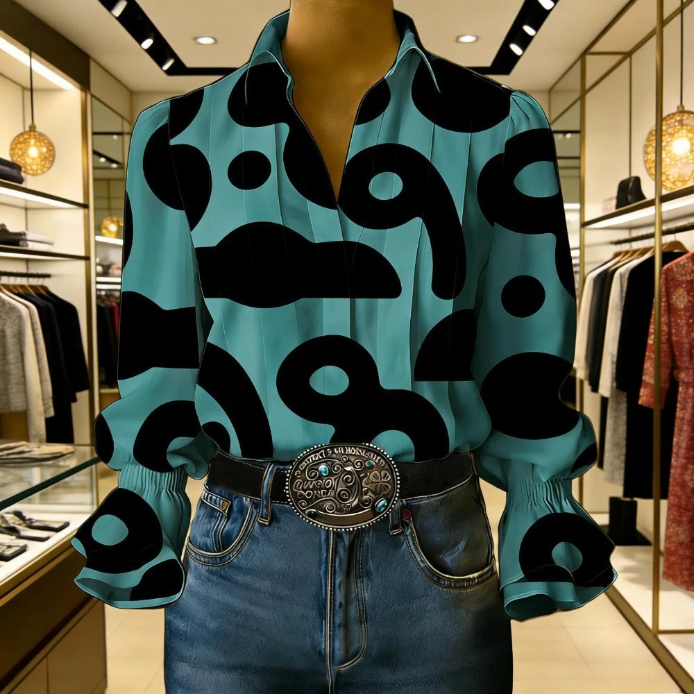 Pop Art Style Yellow Polka Dot Blouse Women's Vintage 70s Retro Shirt Flare Bell Sleeves & Turn-Down Collar Loose Fit Casual Top Lizbert