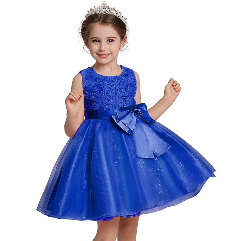 Girl's flower bow princess dress 1-12 year old Baby sequin mesh dress sweet casual dress birthday party performance costume Lizbert