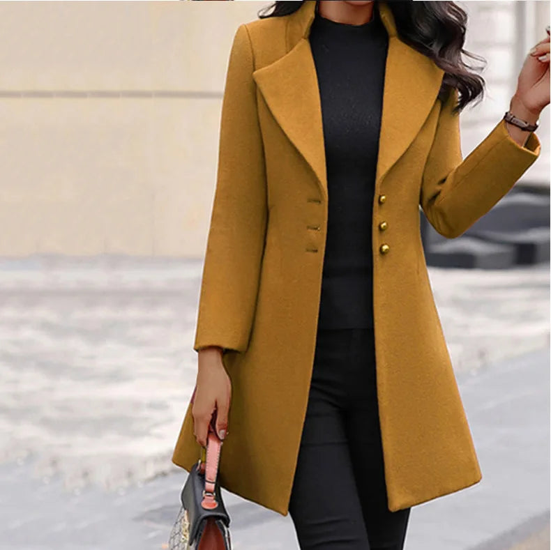 European and American autumn and winter coat Korean solid color slim mid-length button woolen coat Lizbert