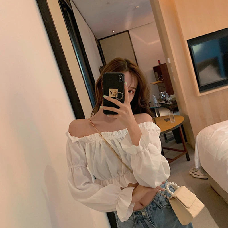 Women Top Sexy Blouse Off Shoulder Top Long Sleeve Solid Color White Shirt Puff Sleeve Ruffle Tunic Crop Top Summer Tube Top Lizbert