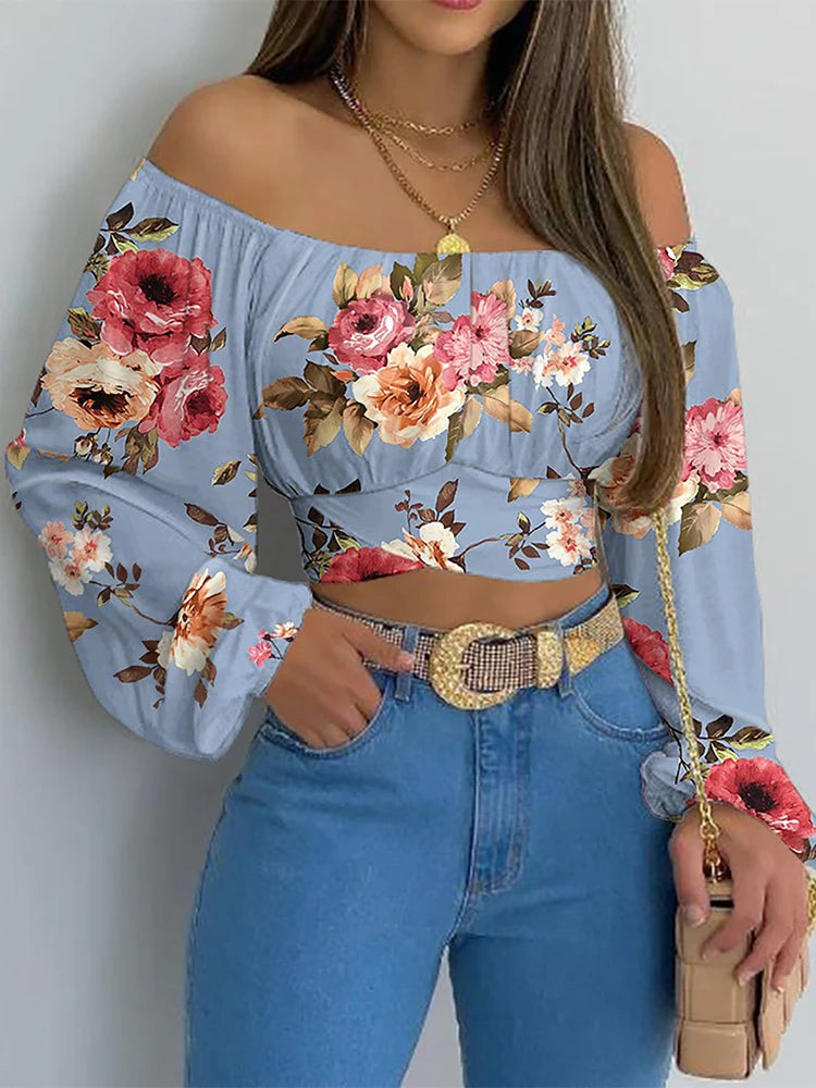 Women Elegant Boho Print Blouse Casual Long Lantern Sleeve Off Shoulder Slim Shirt Female Chic Cropped Top Summer Tunics Lizbert