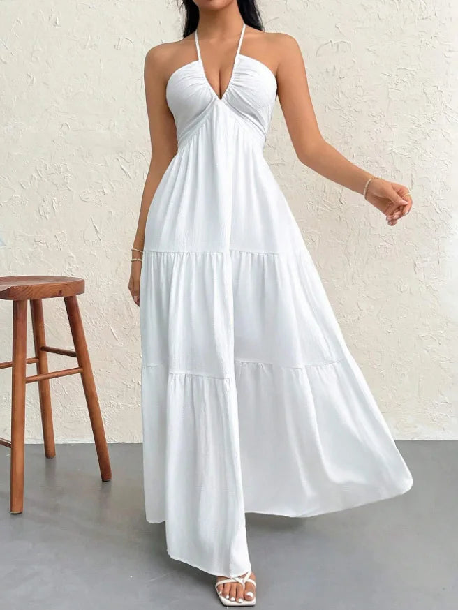 Sexy Deep V Neck Dress Lady Elegant Solid Halter Sleeveless Backless Loose Dresses For Women Fashion Beach Holiday Skirt Clothes - Lizbert