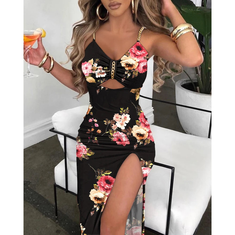 Summer Women V-Neck Chain Decor Cutout High Slit Dress Fashion Femme Bodycon Sleeveless Maxi Party Dress Outfits Robe - Lizbert