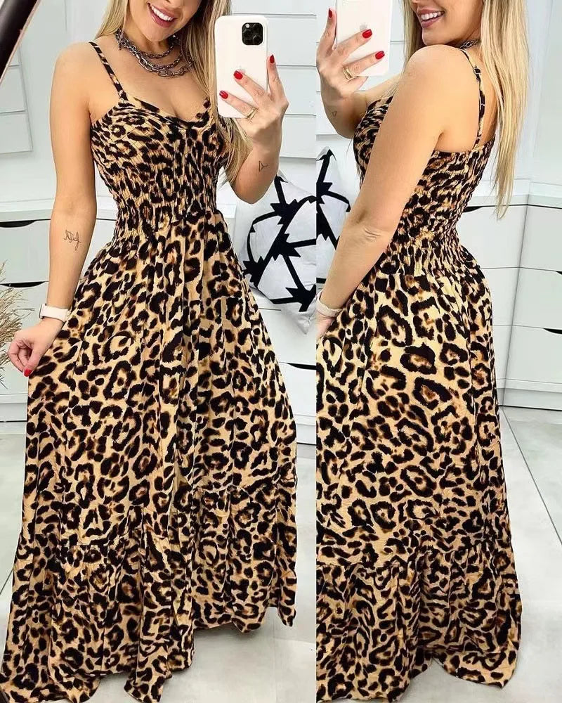 2023 European And American Summer New Leopard Ptteran Suspender V-Neck Dress High Waist Dress Sexy Temperament Fashion Long Dres