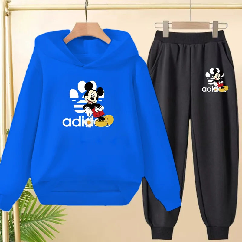 Children's Black Hoodie Anime Mickey Print Pullover 3-12Yrs Coat Sweatshirt+Pants Boys Girls Toddler Sports Clothing Leisure Set