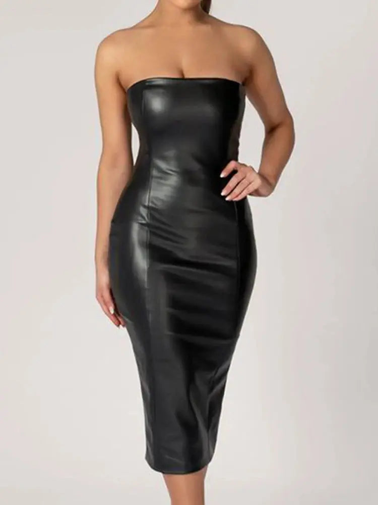 PU Imitation Leather Girdling Waist Slim Bodycon Long Dress Women Sleeveless Off Shoulder Skinny women evening dress Club Party Lizbert