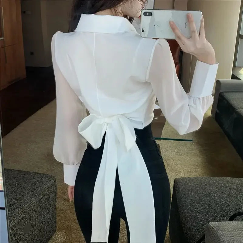 Womens Crop Tops 2024 Blusas Mujer De Moda V-neck Bandage Bow Slim Waist Chiffon Blouses Korean Elegant White Shirt Lizbert