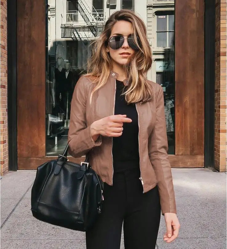 2025 Women Bike Coat PU Leather Outwear Zipper Outfit Autumn Winter Wome Fashion Short Thin Female Jacket Lizbert