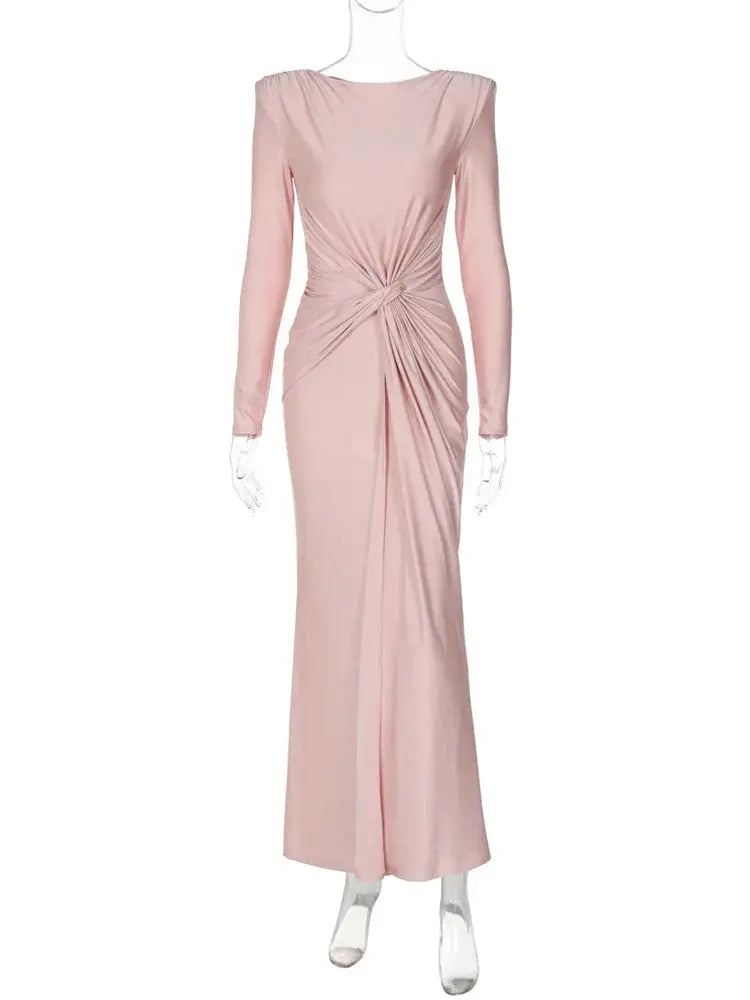 Ladies Autumn Elegant Evening Party Dress Women Long Sleeve O-Neck Ruched Fashion Maxi Dresses Night Club Streetwear Fall Outfit Lizbert