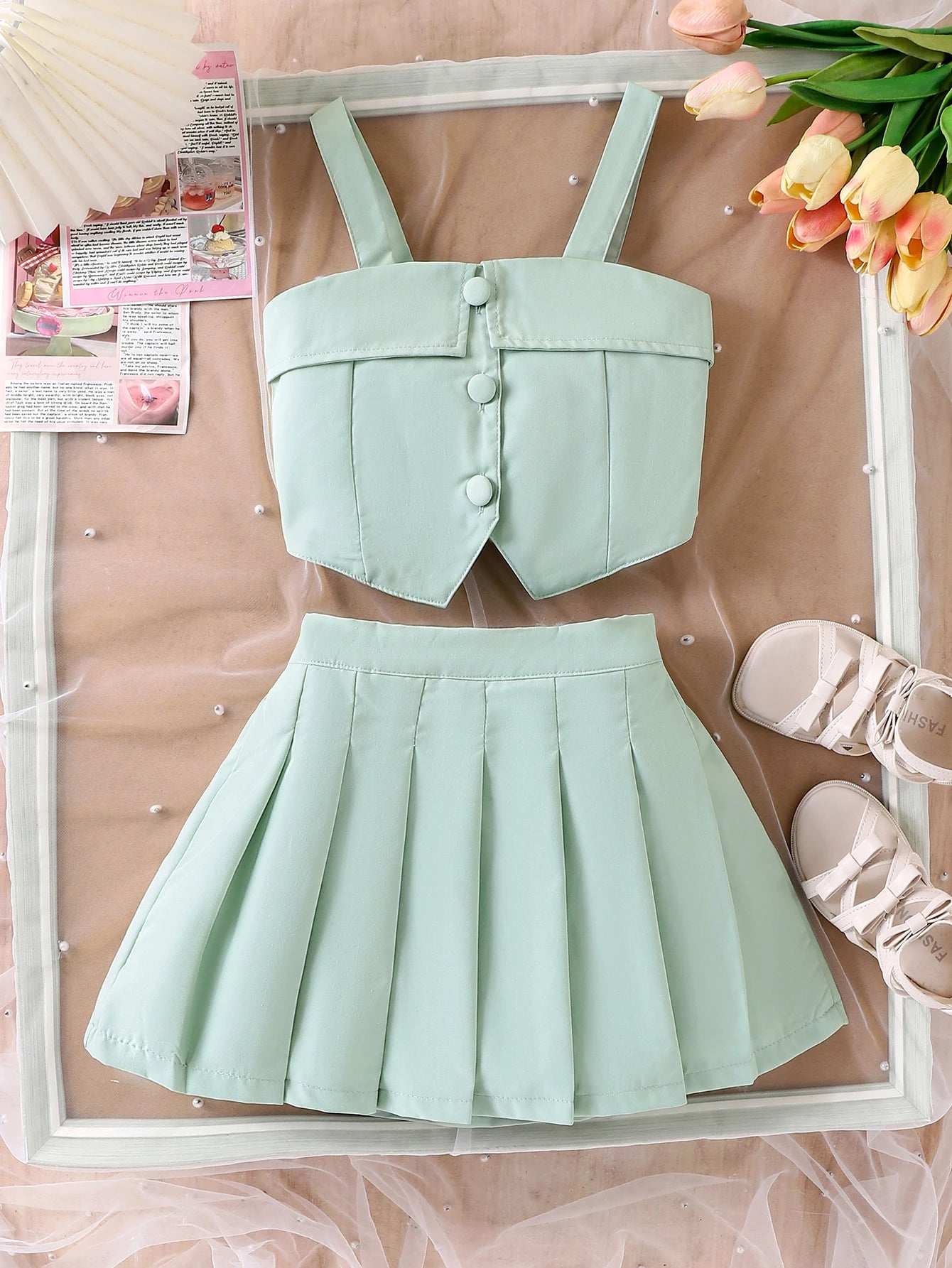 2PCS  Summer New Style Girls 2-7 Years Old Sweet And Comfortable Suspender Top + Pleated Skirt