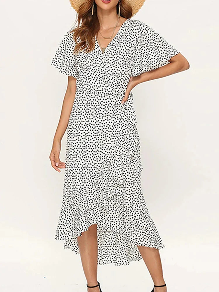 Summer Beach Maxi Dress Women Floral Print Boho Long Chiffon Dress Ruffles Wrap Casual V-Neck Split Sexy Party Dress Robe Femme - Lizbert