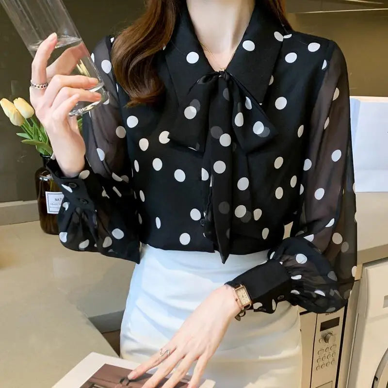 Spring Summer Polka Dot Printing Chiffon Shirt Women Fashion Turn-down Collar Bow Long Sleeve Blouse Female Single Breasted Tops Lizbert