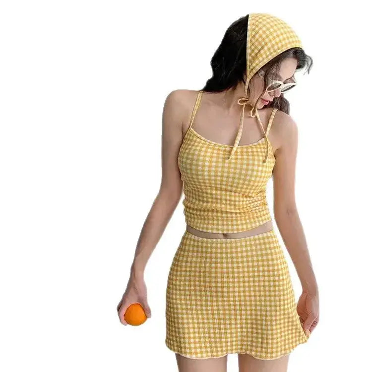 New 2026 swimsuit Three-Piece Swimsuit Slimming Cover-Up Holiday Beauty Checkered Pattern Conservative Korean Style Bikini Set Lizbert