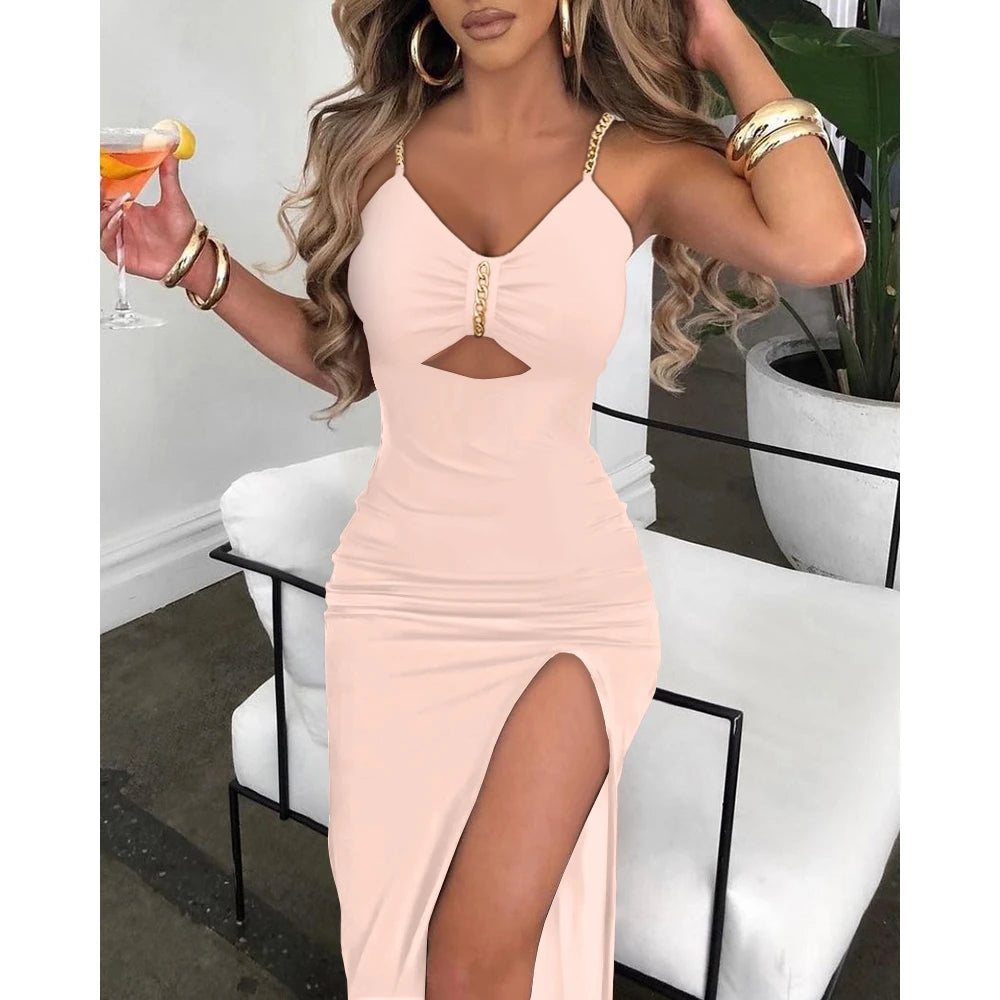 Summer Women V-Neck Chain Decor Cutout High Slit Dress Fashion Femme Bodycon Sleeveless Maxi Party Dress Outfits Robe - Lizbert