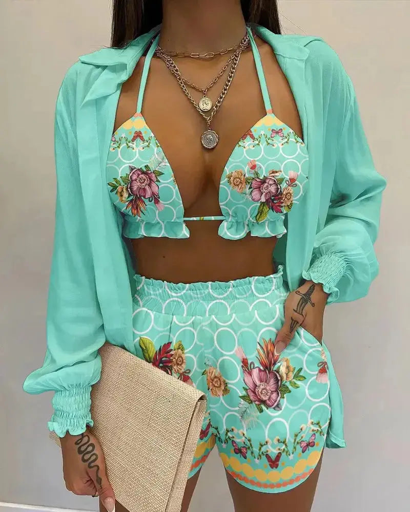 2024 New Bathing Suit Shorts Cover Up Summer Three Pieces Swimwear Sexy Beachwear High Waist Bikini Set Print Women's Swimsuit Lizbert