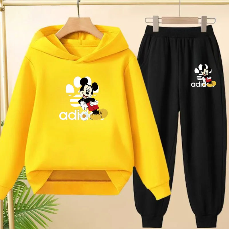 Children's Black Hoodie Anime Mickey Print Pullover 3-12Yrs Coat Sweatshirt+Pants Boys Girls Toddler Sports Clothing Leisure Set