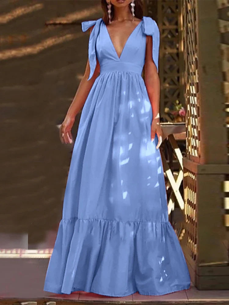 Sexy Summer Women V-Neck Sling Backless Dress Elegant Hollow Out BowKnot Long Party Dress Fashion Femme Dot Maxi Dress Vestido - Lizbert