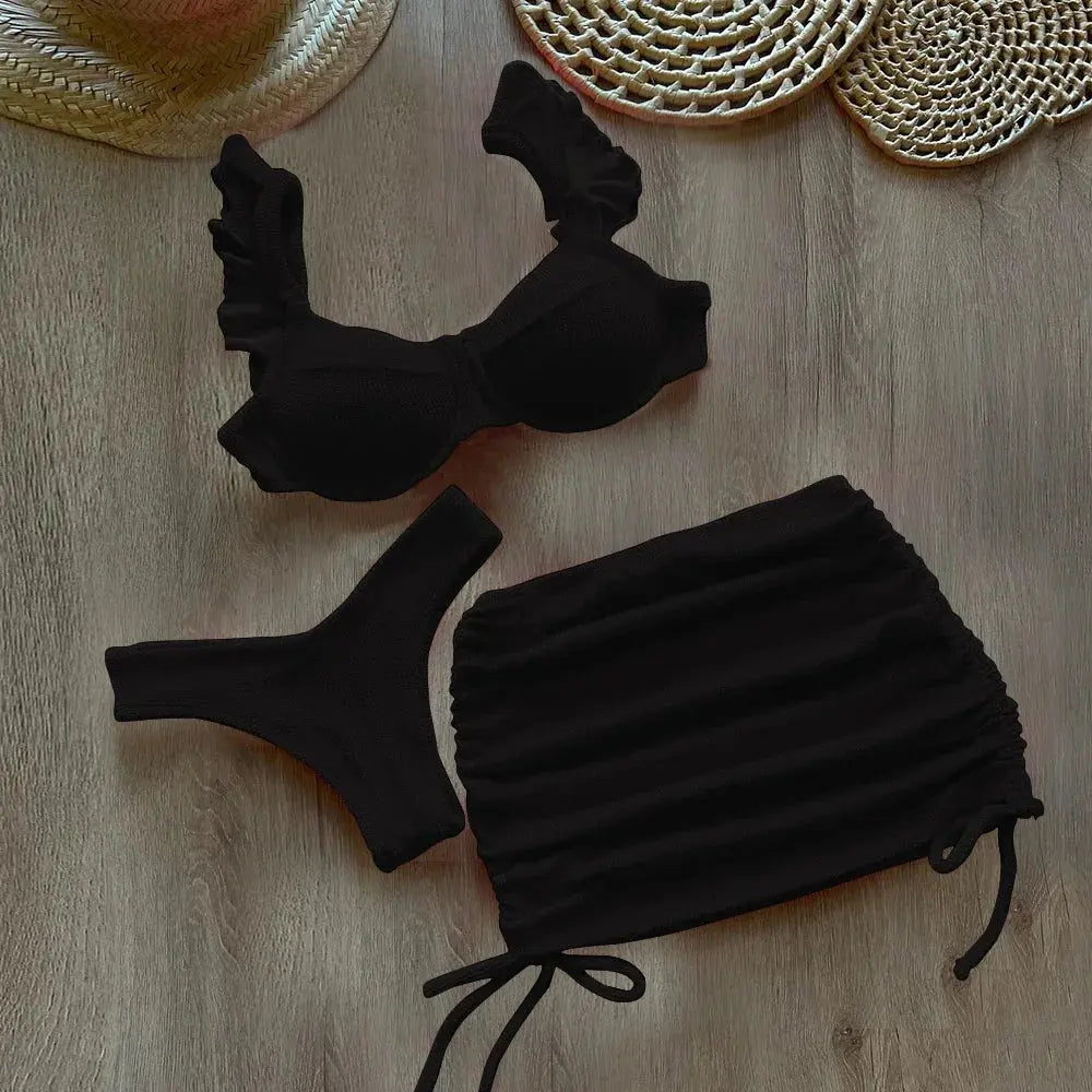 Solid Wavy Fabric Low Waist Bikini Set Cover Up Swimsuit For Women Push Up Ruffle Three Pieces Swimwear 2025 Beach Bathing Suits Lizbert