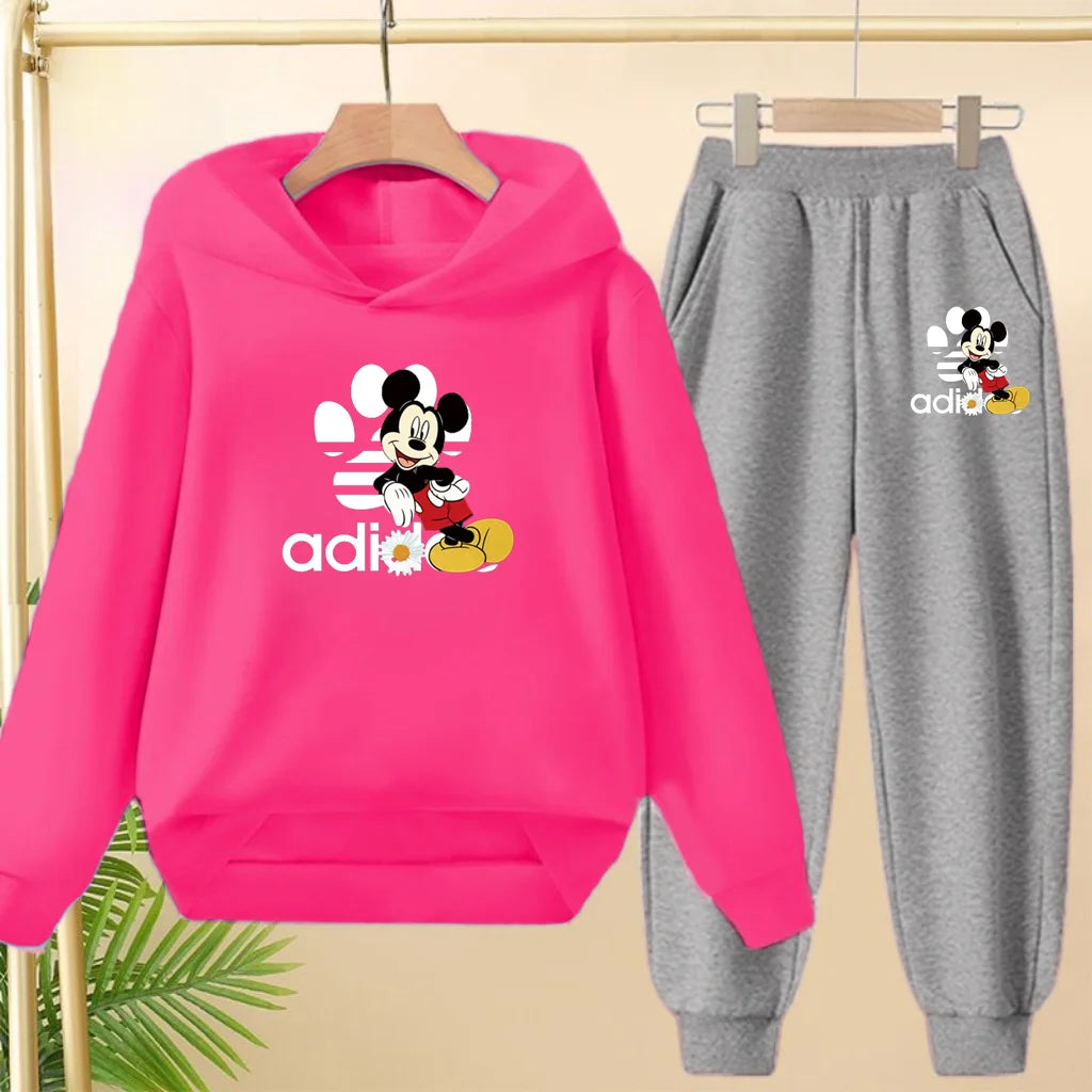 Children's Black Hoodie Anime Mickey Print Pullover 3-12Yrs Coat Sweatshirt+Pants Boys Girls Toddler Sports Clothing Leisure Set