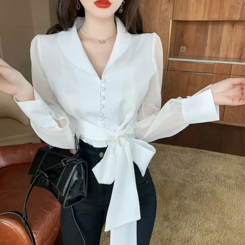Womens Crop Tops 2024 Blusas Mujer De Moda V-neck Bandage Bow Slim Waist Chiffon Blouses Korean Elegant White Shirt Lizbert