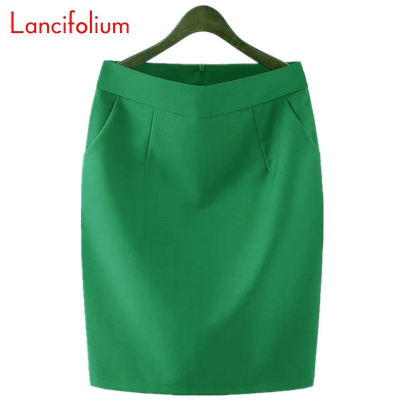 Knee Length Work Office High Waist Skirt Women Summer Vintage Formal OL Skirt Pocket Female Black Grey Bodycon Business Skirt Lizbert