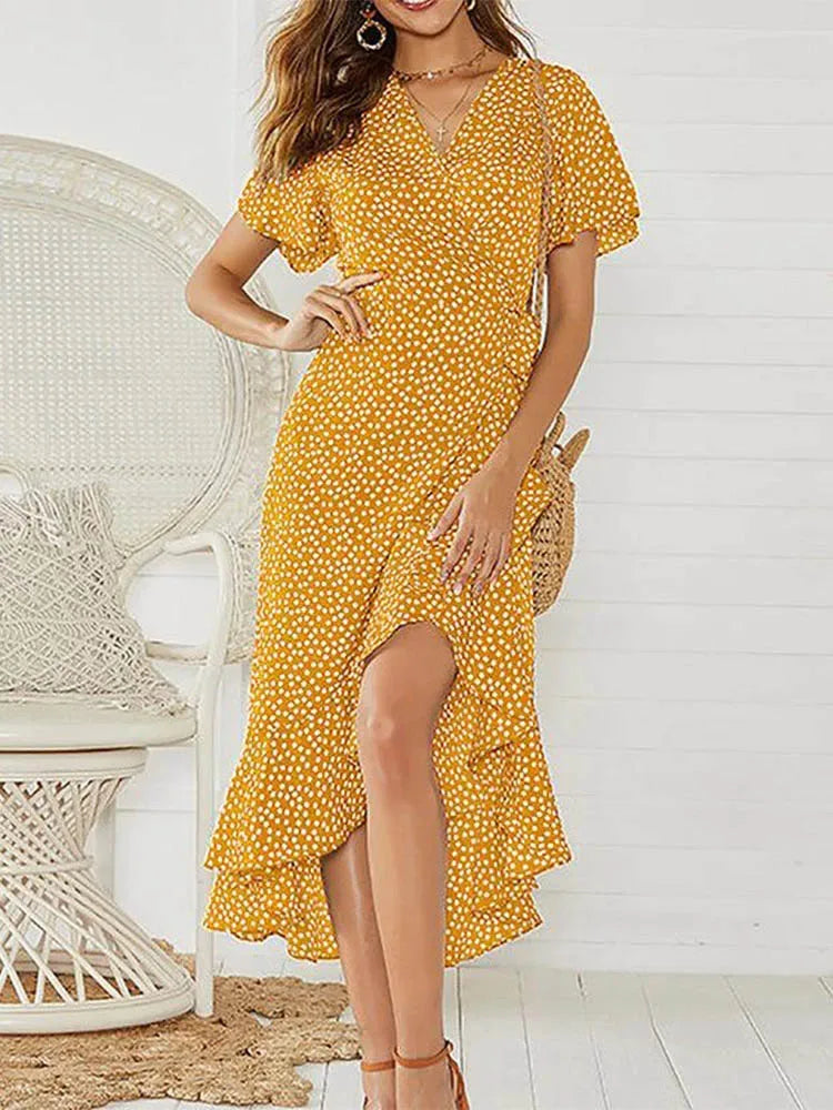 Summer Beach Maxi Dress Women Floral Print Boho Long Chiffon Dress Ruffles Wrap Casual V-Neck Split Sexy Party Dress Robe Femme - Lizbert