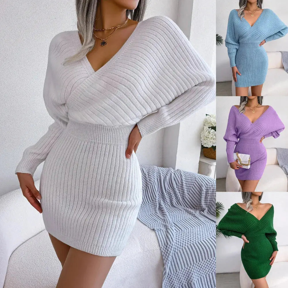 Woman Dress Superior Quality Summer Dresses Knit Long Sleeve V Neck Thin Waist Dresses Casual Vestidos Dropshipping Sale BJS2078 Lizbert
